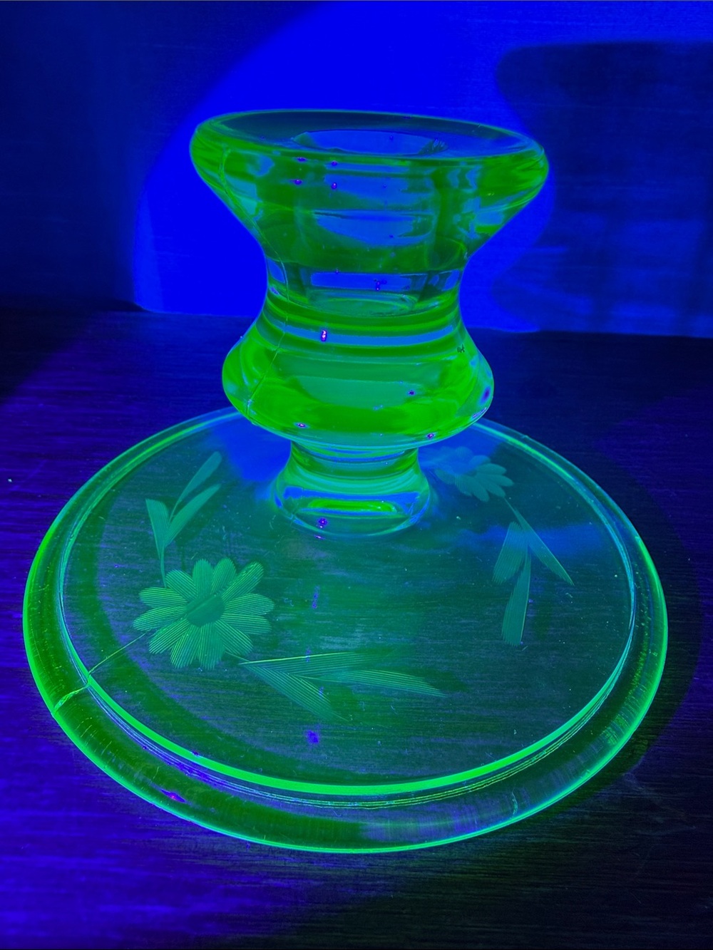 VTG Depression Uranium Glass Candlestick Holder Etched Floral 3.5” Glows